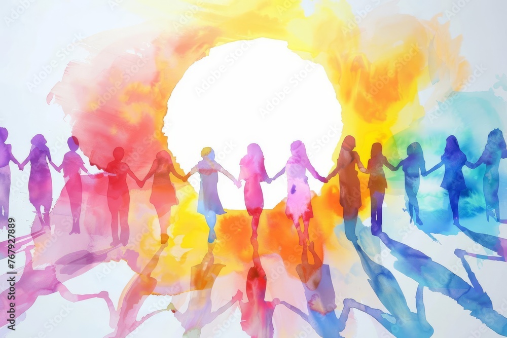 Diverse people holding hands in circle, abstract watercolor unity and humanity illustration Diverse people holding hands in circle, abstract watercolor unity and humanity illustration