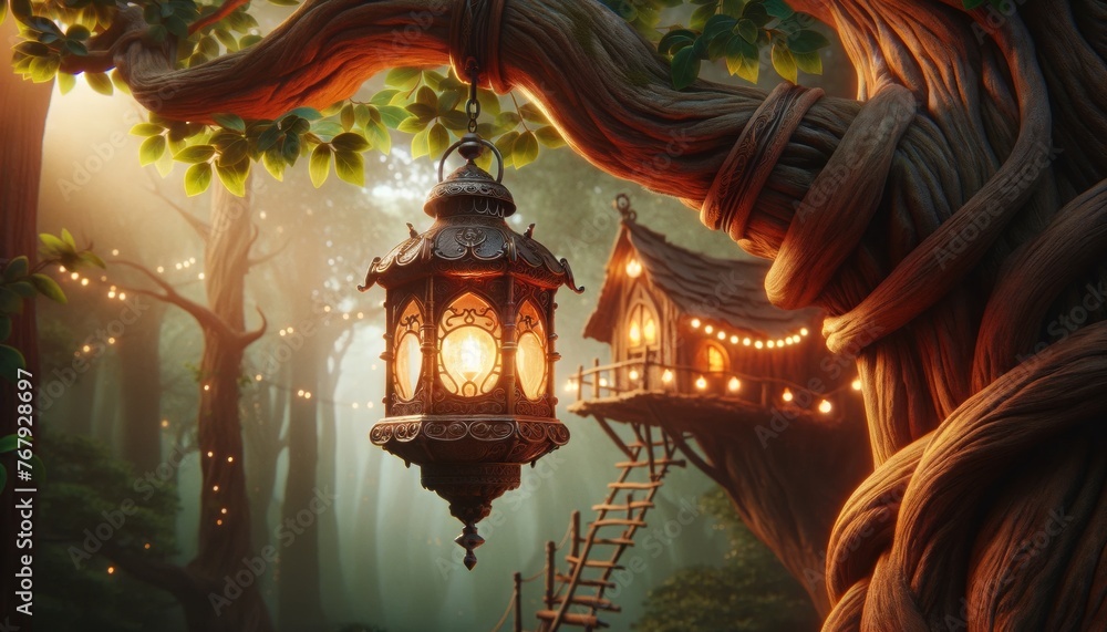 A detailed close-up of an intricately designed, old-fashioned lantern hanging from a thick, twisted tree branch. - obrazy, fototapety, plakaty 