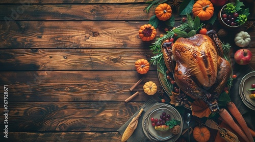 Thanksgiving Turkey on Rustic Wooden Table with Copy Space. Flatlay, Top View, Dinner, American, Festive, Party, Celebrate, Chicken, Meal, Decoration, Christmas, Meat, Roast 