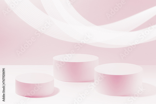 Set of three round pink pedestals for cosmetic products mockup, striped neon glowing trails on pink background. Stage for presentation skin care products, gifts, advertising in vapor wave style.