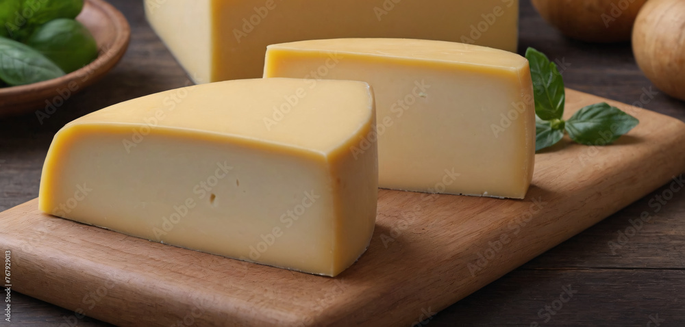 Gouda cheese on wooden board, wide cover image