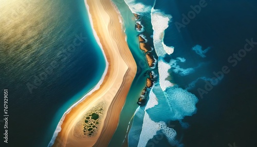 An overhead shot of a sandbar extending into the sea, showing waves gently crashing onto the shore on one side and calm water on the other.