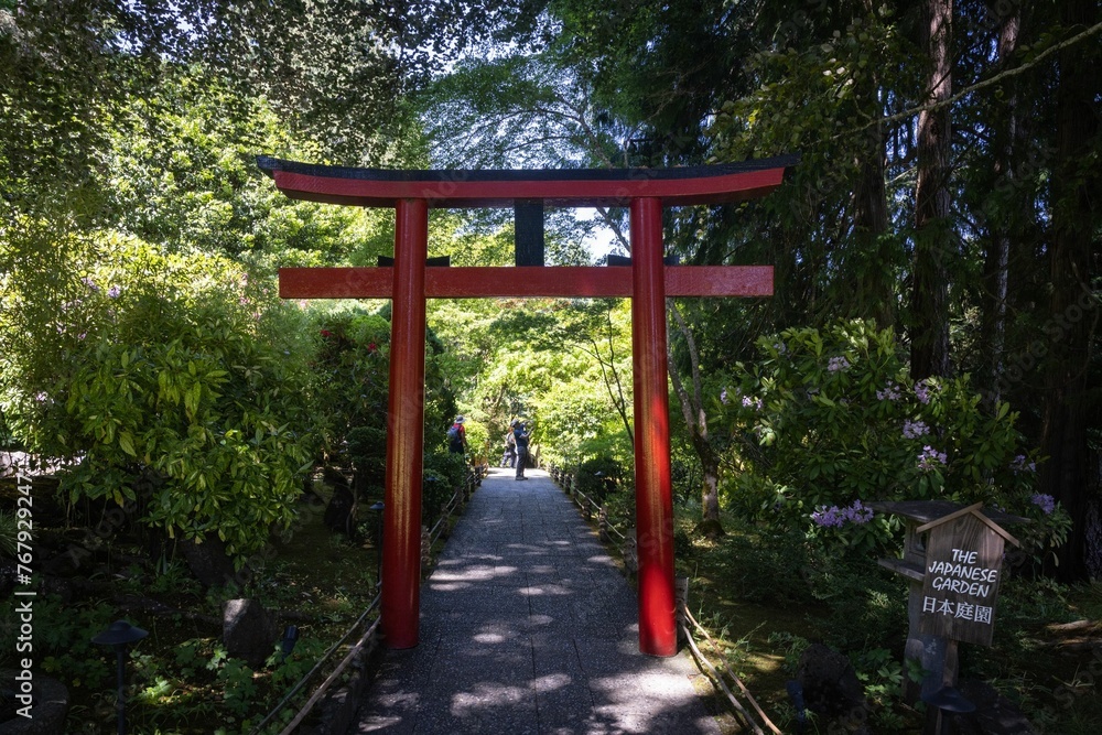 Walking trail winding through the Japanese Butchart Gardens in Victoria, British Columbia