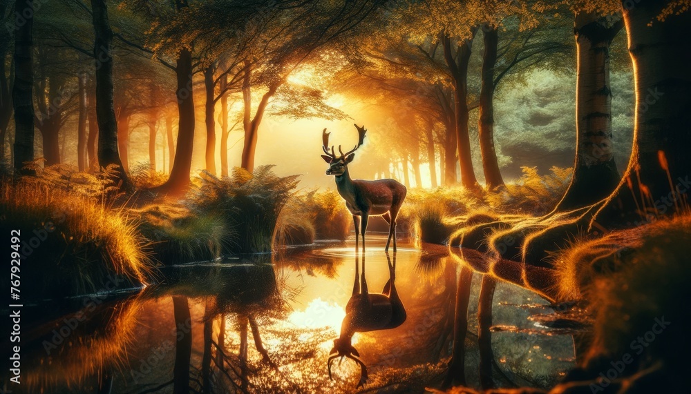 Obraz premium A majestic deer standing in a shallow pond during sunset, with the golden light reflecting off the water.