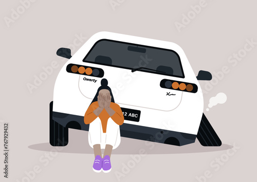 Unforeseen Detour, a Driver Confronts Accidental Misfortune on Suburban Street, Distressed individual sits by a vehicle with a detached wheel, expressing dismay over the sudden mishap