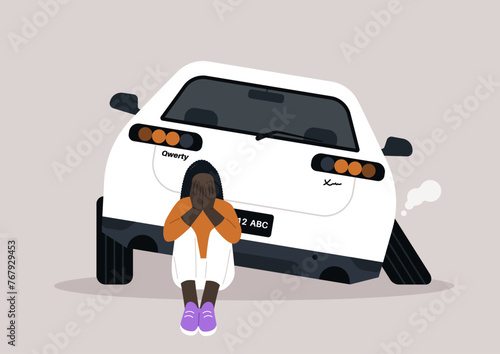 Unforeseen Detour, a Driver Confronts Accidental Misfortune on Suburban Street, Distressed individual sits by a vehicle with a detached wheel, expressing dismay over the sudden mishap