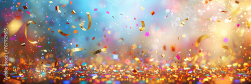 happy New Year's background with sparkling fireworks, golden ribbons and glittery confetti. Beautiful creative holiday background with fireworks and Sparkling, space for text,christmas banner 