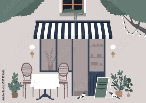 Quaint Evening at a Charming French Cafe Terrace, A serene setting outside a cozy restaurant, awaiting patrons