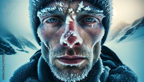 A close-up of a frostbitten face, showing the raw and real dangers associated with high-altitude mountaineering. photo