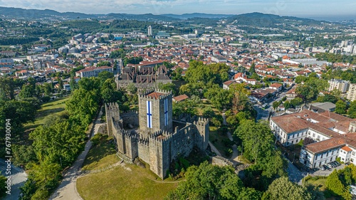Aerial view of Guimaraes Castle(Castelo de Guimaraes) in Portugal, an impressive medieval fortress