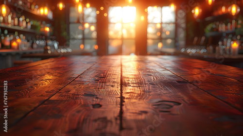 Sunset Glow Transforms Rustic Wooden Table in Empty Bar Interior