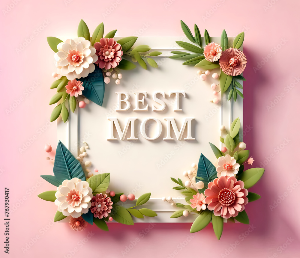 mothers day frame with best mom decorated with 3d flowers and leaves on pink background mothers day frame with best mom decorated with 3d flowers and leaves on pink background