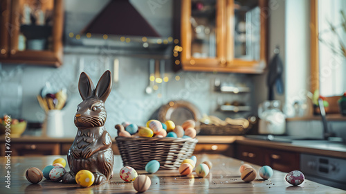 Easter decoration - Colored eggs and chocolate rabbit and egges inside house kitchen - Seasonal event - AI generative