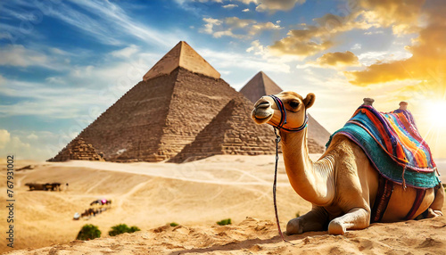 Close-up of a camel resting in front of the three Egyptian pyramids in the desert. Generative Ai.