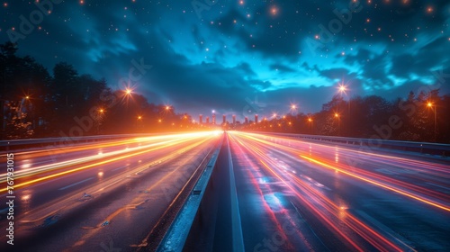 Colorful light trails with motion effect. Car high speed light lines in a city road at night