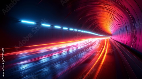 Speed motion, blur car light trails in a tunnel 