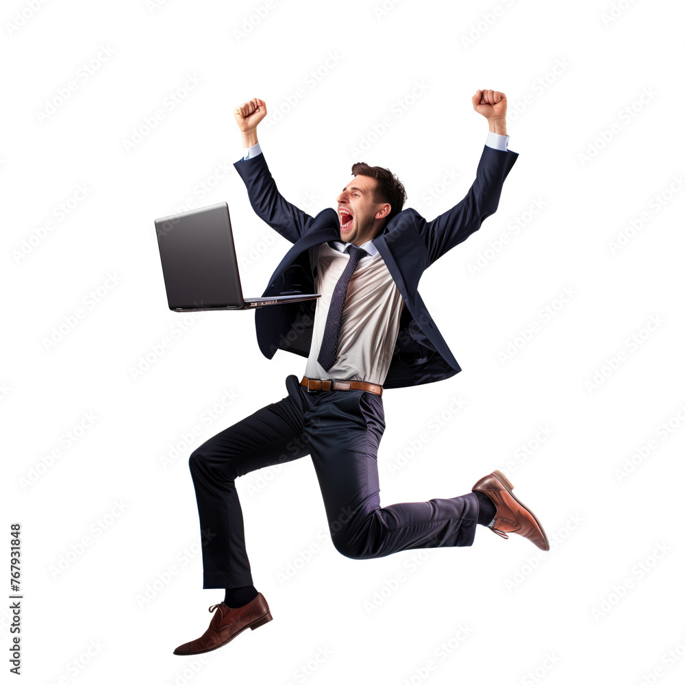 Business man jump and fly with laptop in air Business man jump and fly with laptop in air
