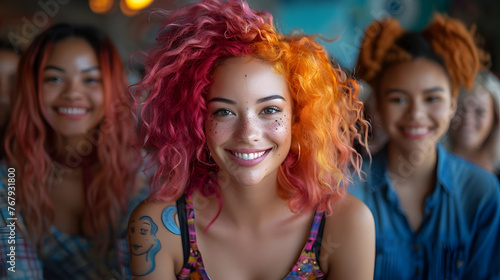 Vibrant Multiracial Women with Colorful Hair and Tattoos Smiling Confidently in Urban Setting