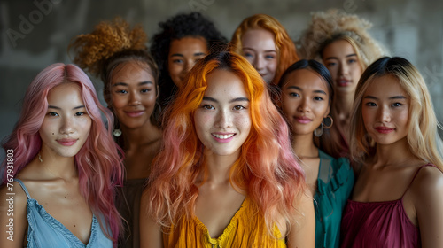 Vibrant Multiethnic Women Smiling with Assorted Colorful Hair photo