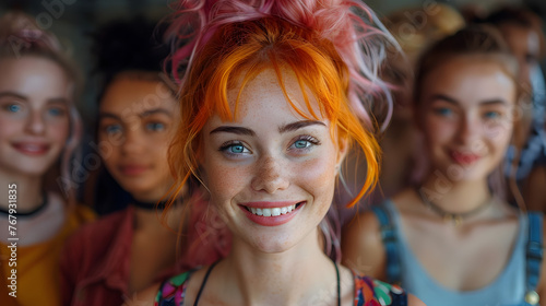 Vibrant Orange-Pink Haired Woman Smiling Confidently Amidst Colorfully Dressed Friends at a Crowded Event photo