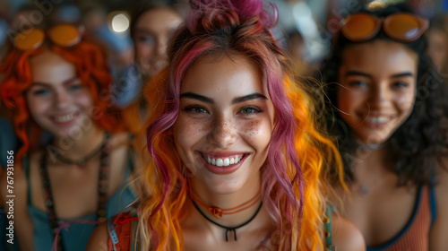 Vibrant Pink to Orange Ombre Haired Woman Among Friends at Outdoor Music Festival