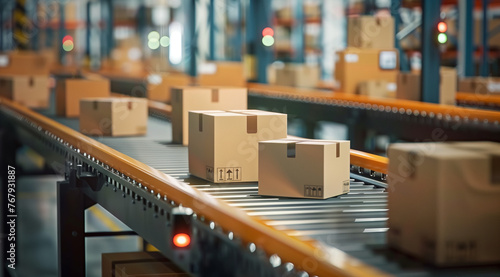  Multiple packs of cardboard boxes move along a seamless conveyor system: warehouse fulfillment center operations