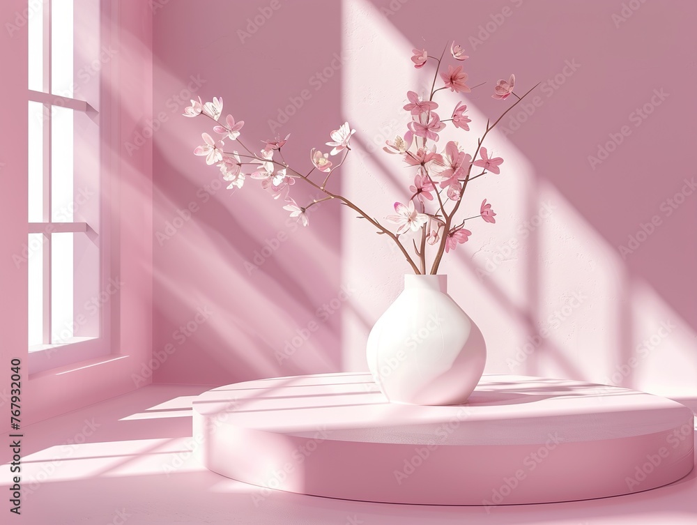Modern trending lightweight pink background for product presentation with shadow and light from windows. Empty podium with a vase of a flower Modern trending lightweight pink background for product presentation with shadow and light from windows. Empty podium with a vase of a flower