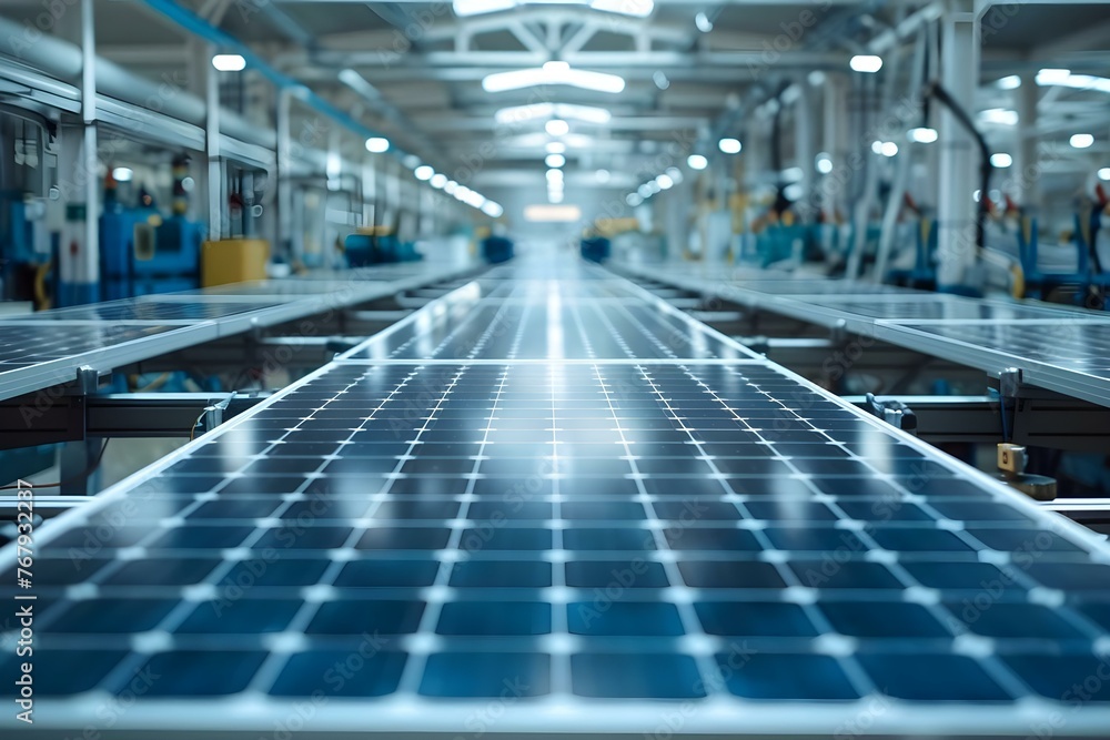 Fototapeta premium Enhancing Solar Panel Production Efficiency Through Automated Assembly Line Technology. Concept Solar Panel Efficiency, Automated Assembly Line, Renewable Energy, Technology, Innovation