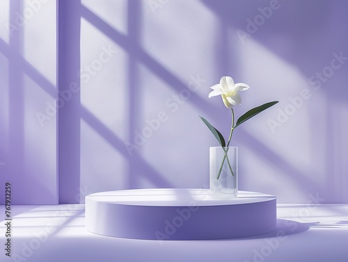 Modern trending lightweight violet background for product presentation with shadow and light from windows. Empty podium with a vase of a flower