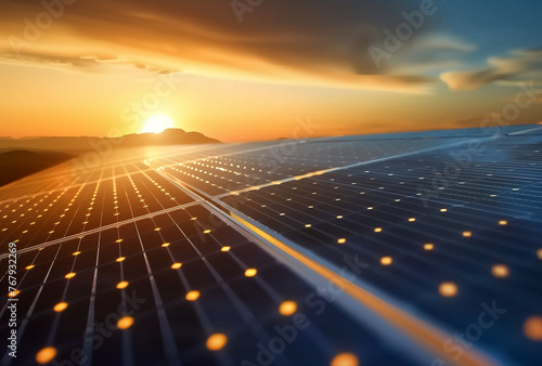 Solar Energy Panels with Sunlight and Blue Sky Background