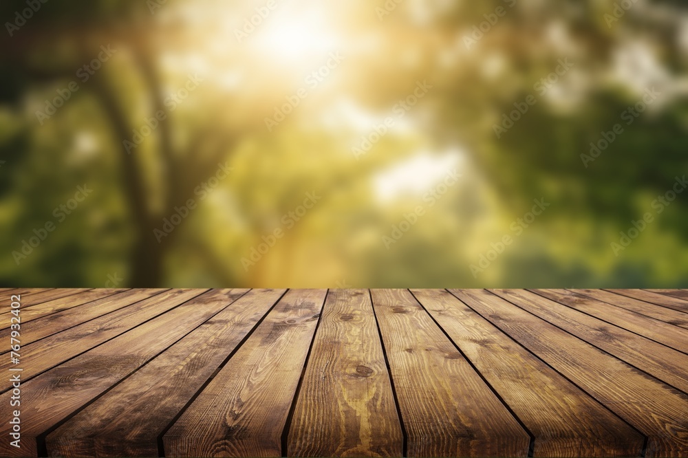 Beautiful blurred forest with empty wooden table Beautiful blurred forest with empty wooden table