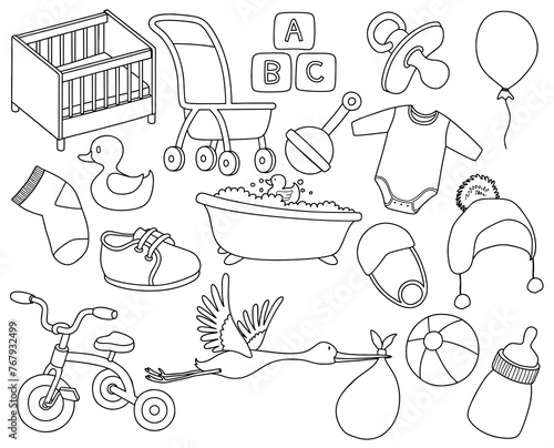 Newborn infant themed cute doodle set.