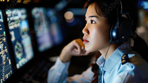 Female air traffic controller managing flights in a control tower. A determined air traffic controller, her eyes fixed on the radar, ensures seamless coordination of flights in the control tower. photo