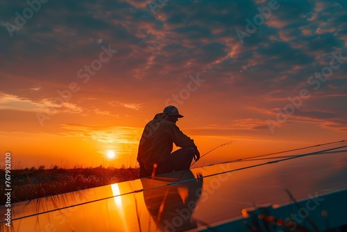 An engineer working on solar panels during sunset symbolizing renewable energy and technology advancement. Concept Sunset Photoshoot, Solar Energy, Technology Advancement, Engineer Portraits