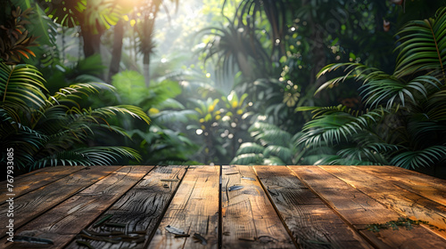 Wooden Table Top Display Against Tropical Rainforest Backdrop - Nature Concept Design