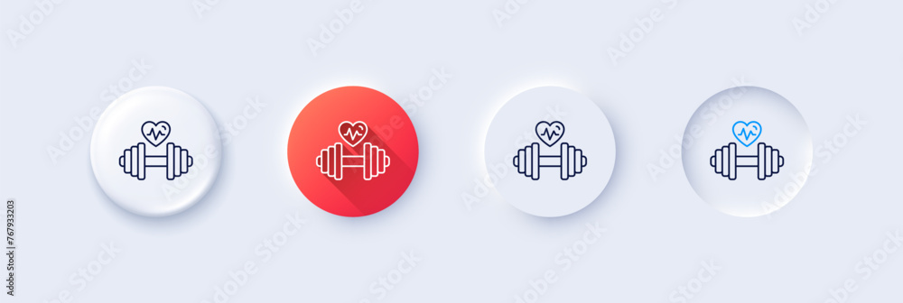 Dumbbell with heartbeat line icon. Neumorphic, Red gradient, 3d pin buttons. Workout equipment sign. Cardio Gym fit symbol. Line icons. Neumorphic buttons with outline signs. Vector Dumbbell with heartbeat line icon. Neumorphic, Red gradient, 3d pin buttons. Workout equipment sign. Cardio Gym fit symbol. Line icons. Neumorphic buttons with outline signs. Vector