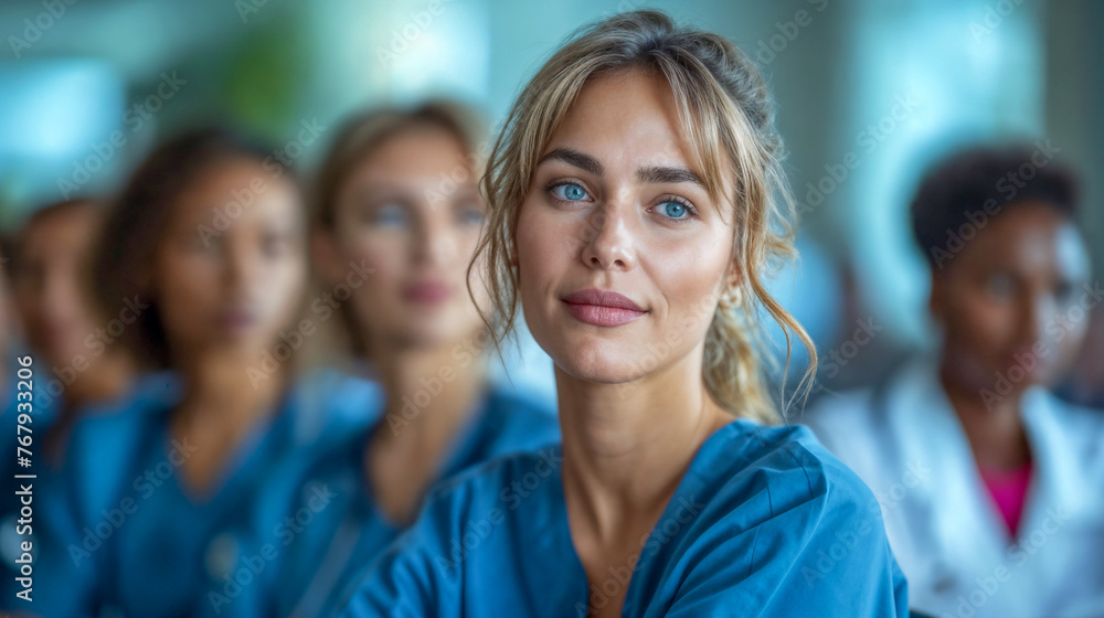 Focused Nurse in Blue Scrubs Attending Multicultural Meeting Focused Nurse in Blue Scrubs Attending Multicultural Meeting