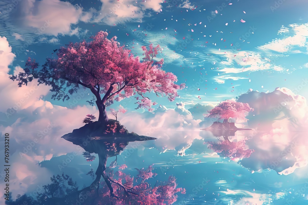 Japanese fantasy landscape with cherry blossom tree and floating islands, magical dreamy scene illustration