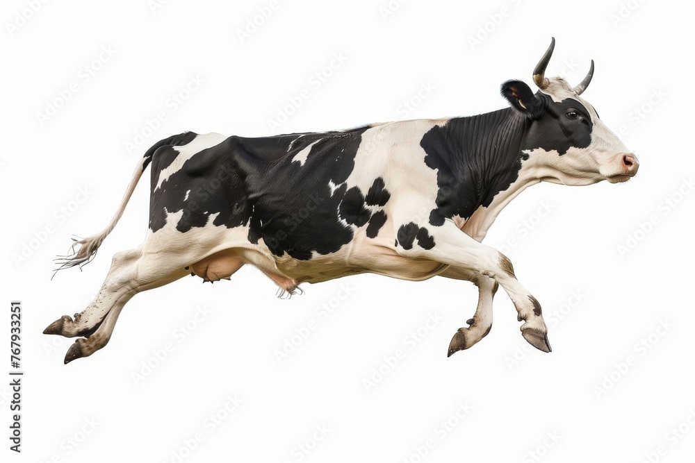 Joyful dairy cow leaping in mid-air against plain white backdrop ...