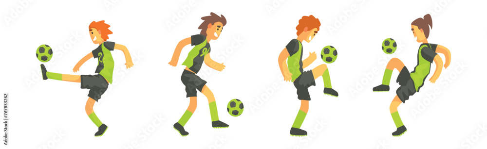 Man Soccer or Football Player in Green Uniform Vector Set