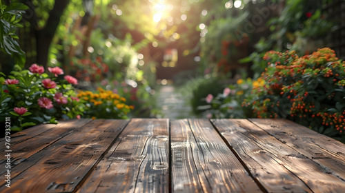 Wooden Table Top with Blurred Garden Background Product Display Concept for Summer