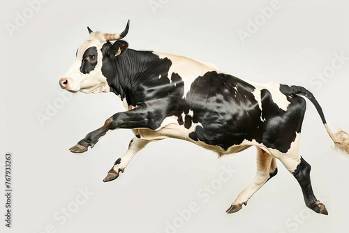 Joyful dairy cow leaping in mid-air against plain white backdrop, playful animal photo illustration