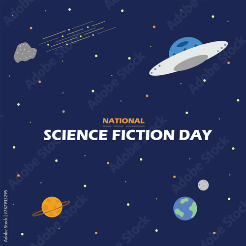 Sci-Fi Celebration. National science fiction day. Trendy design Vector illustration horizontal banner, flyer, poster and greeting card. Beautiful space background with ufo, Space planets. 