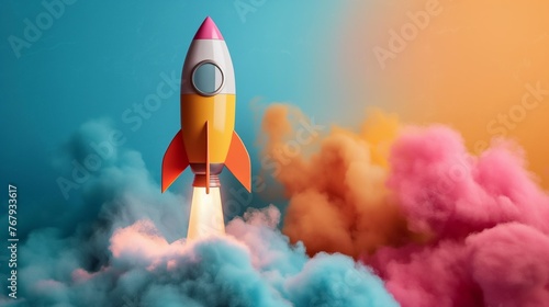 An abstract rocket taking off, the concept of a startup, successful business and teamwork photo