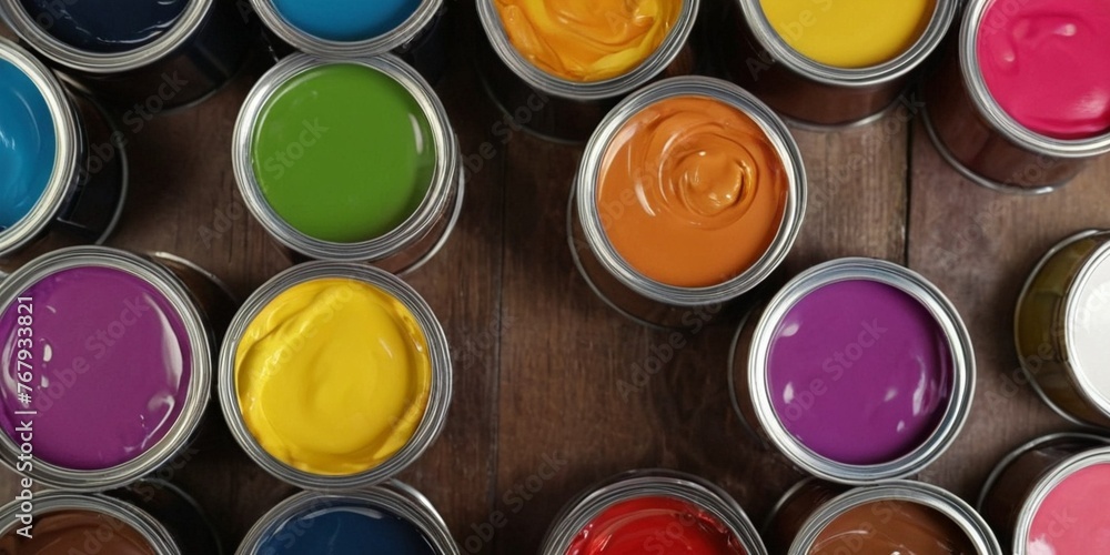 Top view of paint cans on wooden table. Colorful background. Top view of paint cans on wooden table. Colorful background.