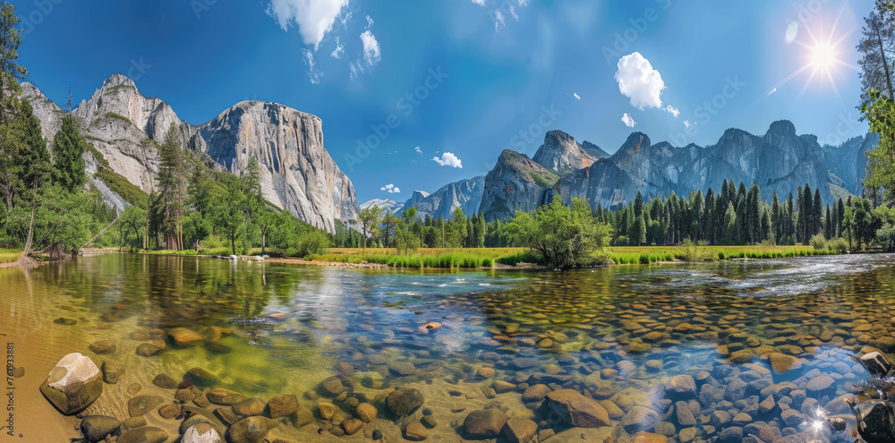 panoramic photo of Yosemite National Park, river and rocks in the foreground, blue sky, mountains in the background, green trees