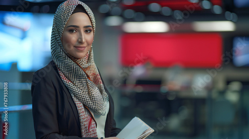 Female arabic muslim news anchor holding a paper with smiling