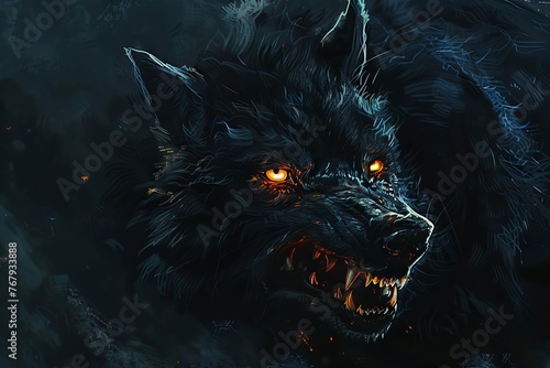 Fierce black wolf with glowing eyes and sharp fangs, snarling in the darkness, digital painting photo