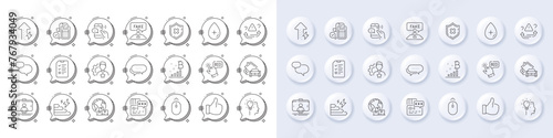 Selfie stick, Interview and Bitcoin graph line icons. White pin 3d buttons, chat bubbles icons. Pack of International delivery, Brand, Bid offer icon. Vector
