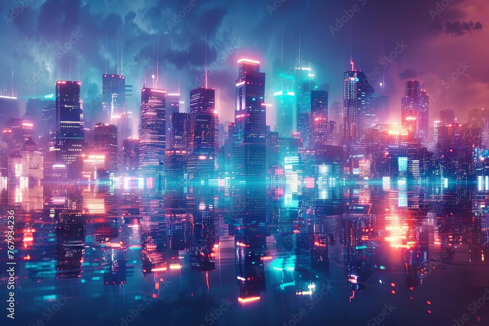 Futuristic Neon City Skyline with Glowing Lights and Reflections, Cyberpunk Concept Art